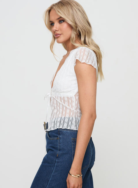 side view of model wearing Princess Polly Sumbao Top White Short Sleeves Plunger 