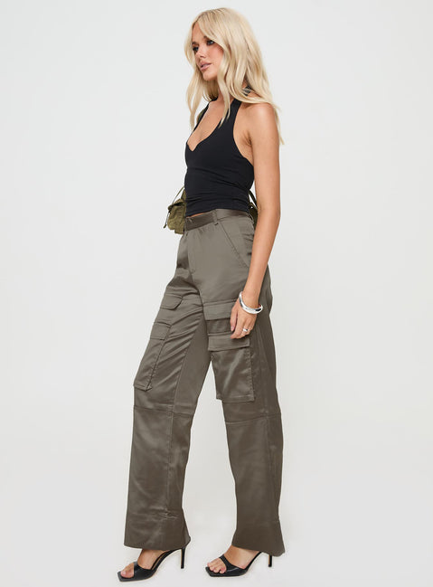 side view of model wearing Princess Polly Crimsen Cargo Pants Chocolate High Waisted Pants 