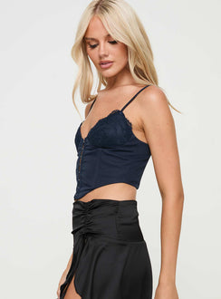 side view of model wearing Princess Polly Palisade Corset Top Navy Sleeveless Sweetheart 