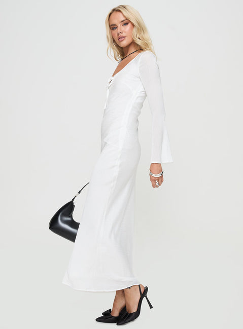 side view of model wearing Princess Polly Sorento Long Sleeve Bias Cut Maxi Dress White Scoop Neck 