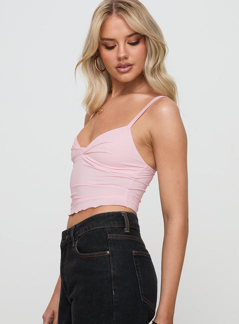 side view of model wearing Princess Polly Greyer Top Pink Sleeveless Plunger 