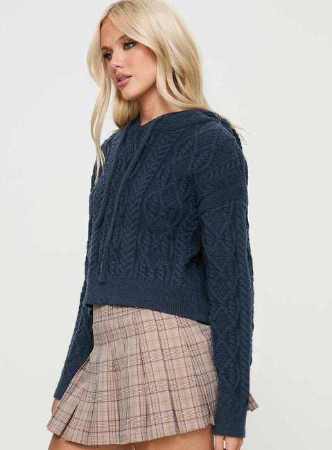 side view of model wearing Princess Polly Jorvik Cropped Cable Knit Hoodie Navy Cropped 