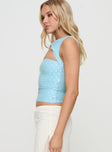 side view of model wearing Princess Polly Martiney Twisted Tank Top Blue Sleeveless Crew Neck 