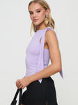 side view of model wearing Princess Polly Garland Top Purple Sleeveless Boat Neck 