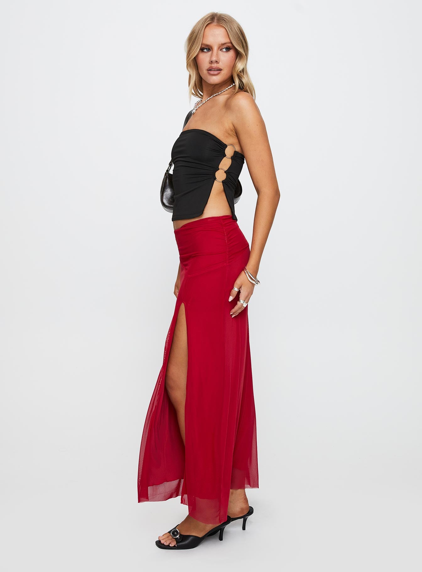   side view of model wearing Princess Polly Quancita Mesh Maxi Skirt Red Maxi 