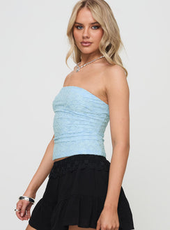 side view of model wearing Princess Polly Off To Amalfi Strapless Top Blue Sleeveless straight 