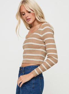 side view of model wearing Princess Polly Devis Long Sleeve Top Beige / White Full Sleeves V-Neck 