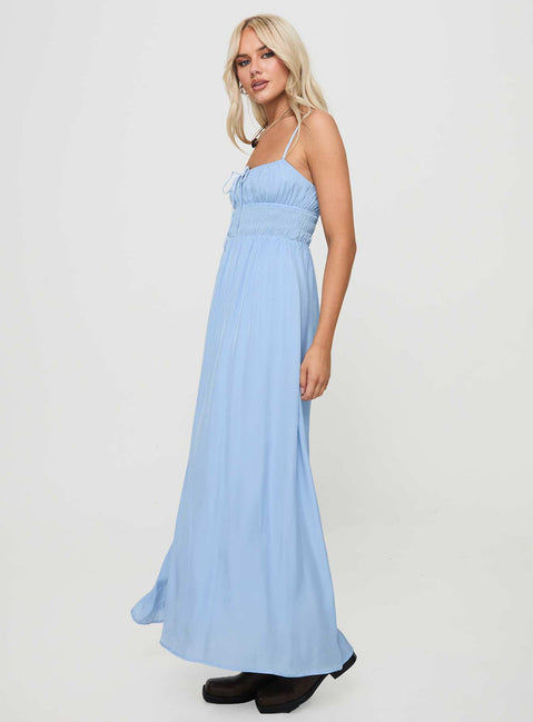 side view of model wearing Princess Polly Jersie Maxi Dress Blue Square Neck 