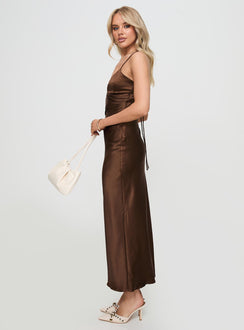 side view of model wearing Princess Polly Kammie Maxi Dress Choc Plunger 