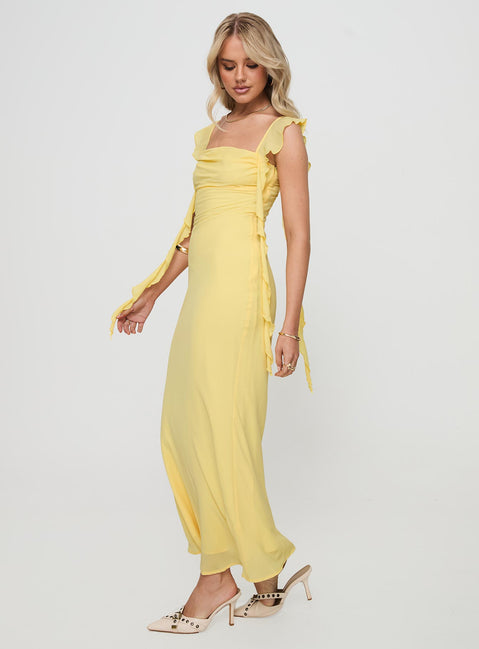 side view of model wearing Princess Polly Lanai Maxi Dress Lemon Square Neck 