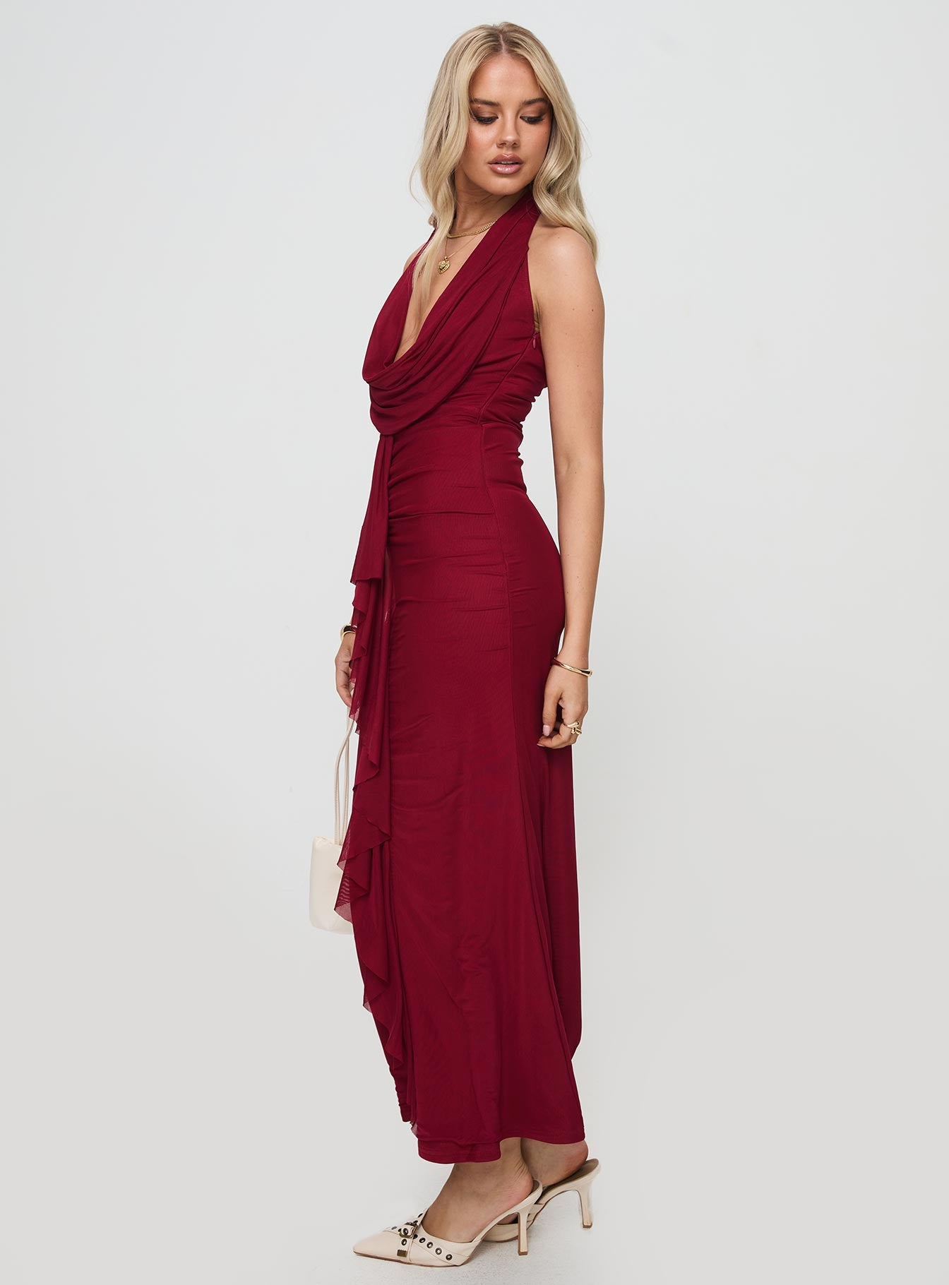 side view of model wearing Princess Polly Corzetti Maxi Dress Burgundy Plunger 
