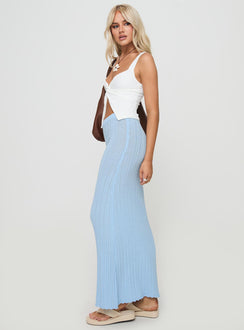   side view of model wearing Princess Polly Belle Knit Maxi Skirt Baby Blue Maxi 