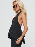 side view of model wearing Princess Polly Hills Halter Washed Black Sleeveless Plunger 