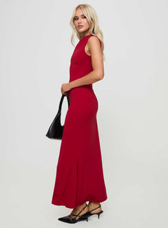 side view of model wearing Princess Polly Beller Maxi Dress Red Asymmetric Neckline 