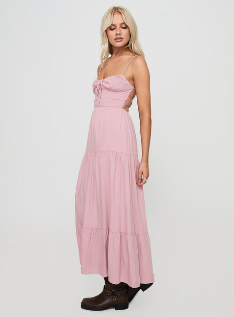 side view of model wearing Princess Polly Juzen Maxi Dress Pink Sweetheart Neckline 