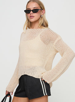 side view of model wearing Princess Polly Protea Knit Sweater Beige Long 