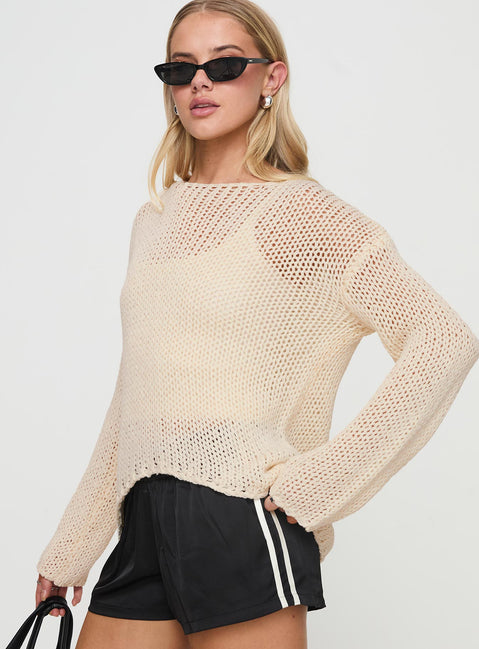 side view of model wearing Princess Polly Protea Knit Sweater Beige Long 