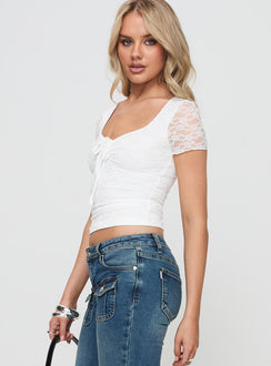 side view of model wearing Princess Polly Amaryllis Top White Short Sleeves Sweetheart 