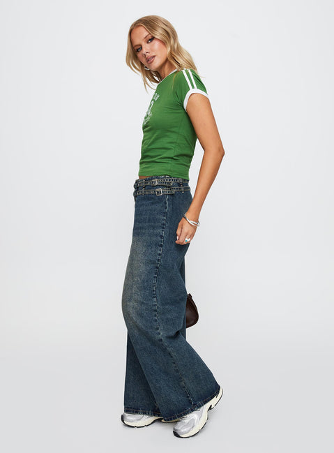 side view of model wearing Princess Polly Baccarat Belted Denim Pant Dark Blue Low Rise Jeans 
