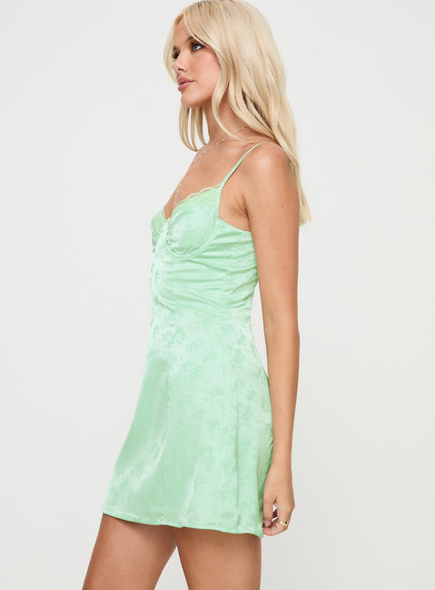 side view of model wearing Princess Polly Dear Me Mini Dress Sage Sweetheart Neckline 