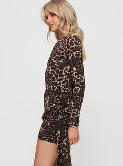 side view of model wearing Princess Polly Glory Mini Dress Leopard Boat Neck 