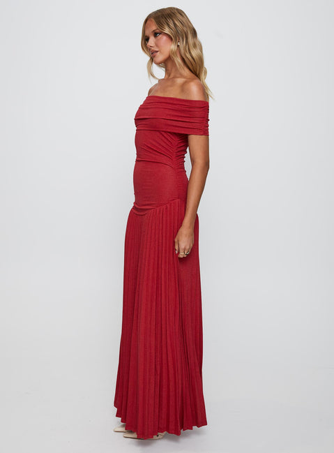 side view of model wearing Princess Polly Field Of Dreams Maxi Dress Crimson Straight Neck 