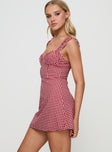 side view of model wearing Princess Polly Faubert Mini Dress Red Gingham Sweetheart Neckline 