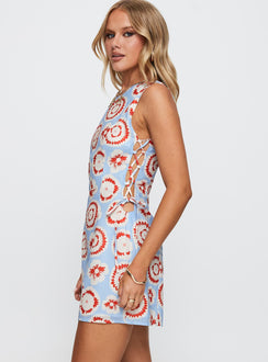 side view of model wearing Princess Polly Earlie Mini Dress Blue / Red Crew Neck 