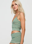 side view of model wearing Princess Polly Miztaray Cami Top Green / Cream Stripe Sleeveless V-Neck 