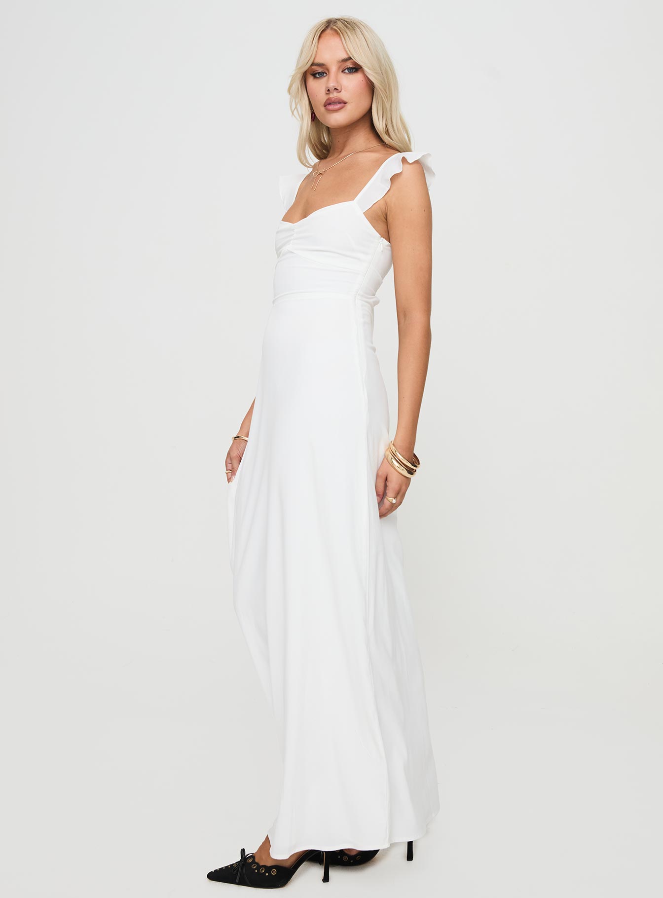side view of model wearing Princess Polly Landon Maxi Dress White Sweetheart Neckline 