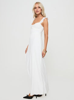side view of model wearing Princess Polly Landon Maxi Dress White Sweetheart Neckline 