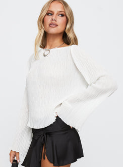 front view of model wearing Princess Polly Mosaic Long Sleeve Sheer Top White Full Sleeves Boat Neck 