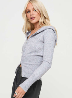 side view of model wearing Princess Polly Elingford Zip Up Hooded Sweater Lilac Marle Long 