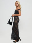   side view of model wearing Princess Polly Lombardio Lace Maxi Skirt Black Petite Maxi 