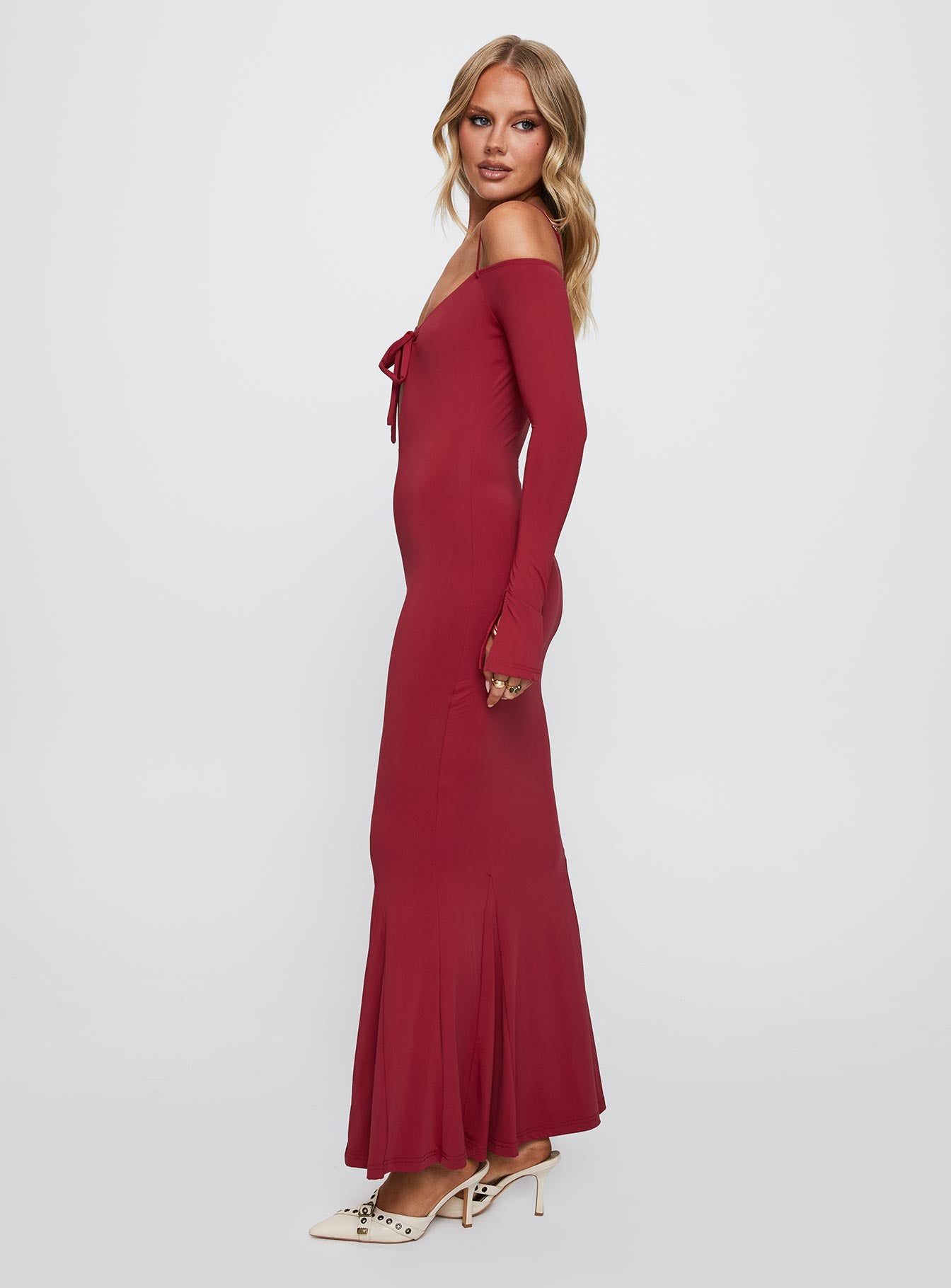 side view of model wearing Princess Polly Lucillea Long Sleeve Maxi Dress Red V-Neck 