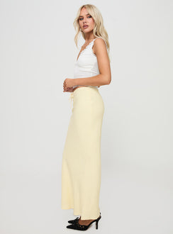   side view of model wearing Princess Polly Mercer Linen Blend Maxi Skirt Lemon Maxi 