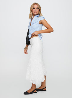   side view of model wearing Princess Polly Mathylda Asymmetrical Lace Maxi Skirt White Midi Skirts Midi Skirts 