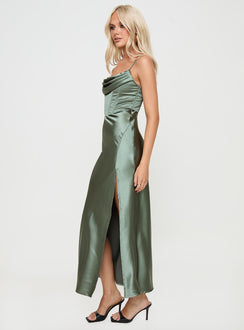 side view of model wearing Princess Polly Marchand Maxi Dress Green Cowl Neck 