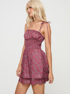 side view of model wearing Princess Polly Benicio Mini Dress Burgundy Floral Square Neck 