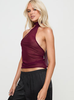 side view of model wearing Princess Polly Lux Tie Top Burgundy Sleeveless High Neck 