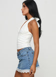 Halter neck top Twist bust tie fastening at back of neck, invisible zip fastening at side Good stretch, fully lined