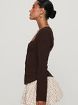 side view of model wearing Princess Polly Gaskin Long Sleeve Top Brown Full Sleeves Square Neck 