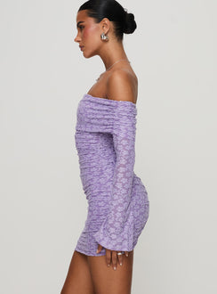 side view of model wearing Princess Polly Intereste Long Sleeve Mini Dress Purple Straight Neck 