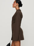 side view of model wearing Princess Polly Dianah Blazer Mini Dress Brown V-Neck 