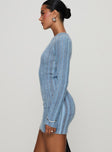 side view of model wearing Princess Polly Postcodes Long Sleeve Mini Dress Blue High Neck 