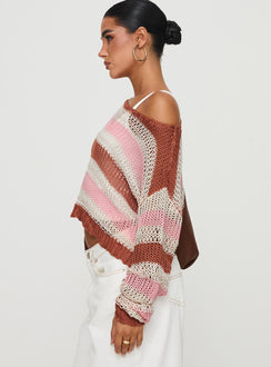 side view of model wearing Princess Polly Perren Sweater Pink / Brown Stripe Cropped 