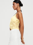 side view of model wearing Princess Polly Juliana Top Light Yellow Lace Sleeveless V-Neck 