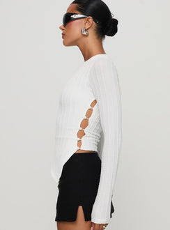 side view of model wearing Princess Polly Yulkie Long Sleeve Top White Full Sleeves Crew Neck 