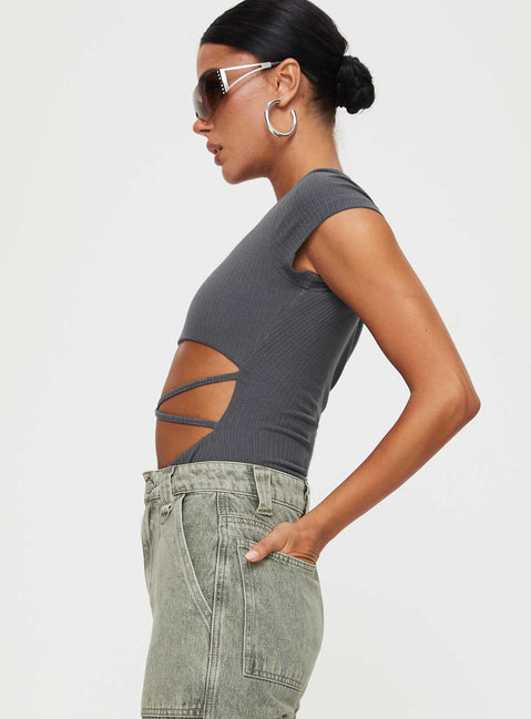 side view of model wearing Princess Polly Nicola Bodysuit Slate Short Sleeves Crew Neck 