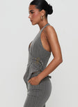 side view of model wearing Princess Polly Calexico Buckle Halter Top Grey Pinstripe Sleeveless V-Neck 